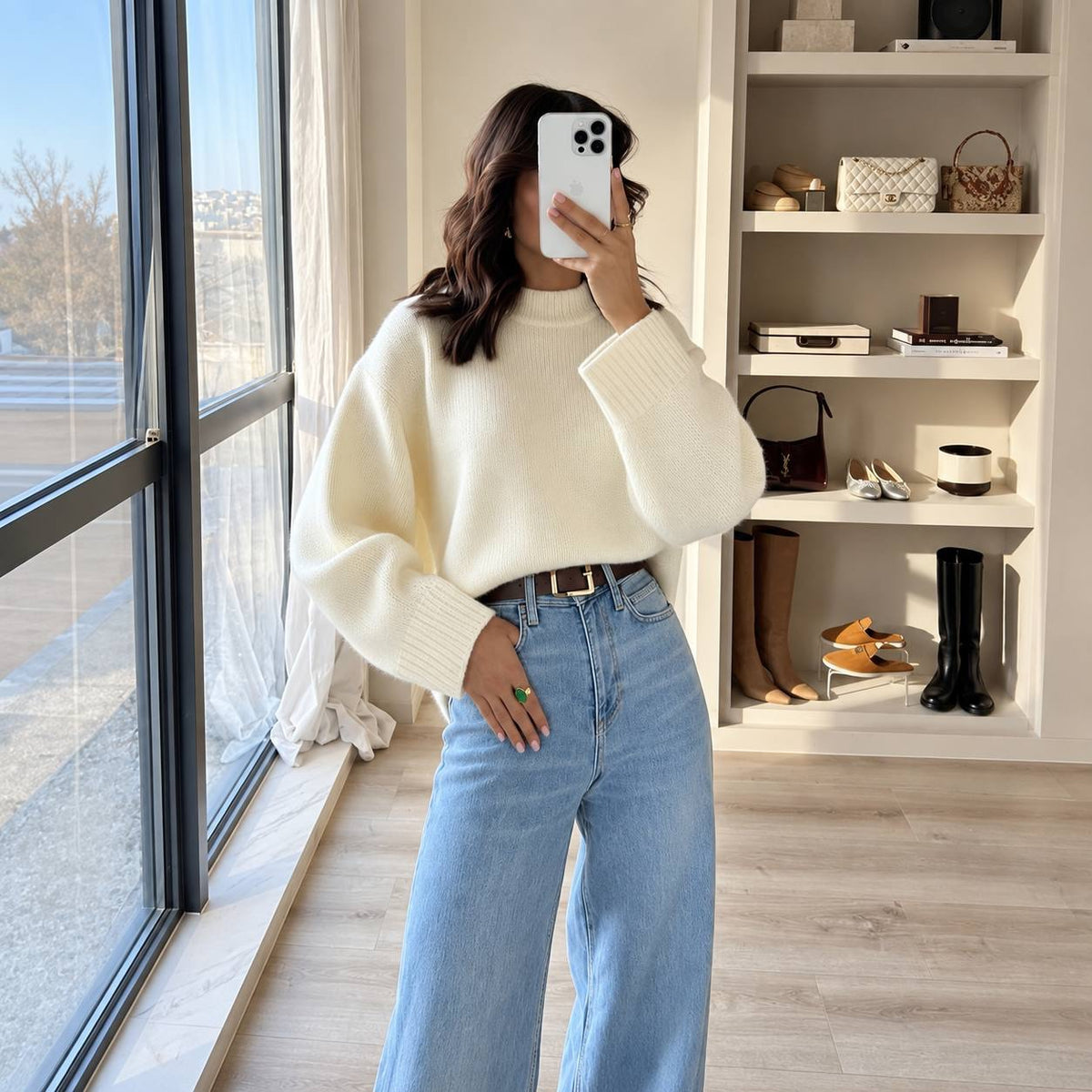 Drop Shoulder Sweater With Statement Ribbed Cuffs – Cream