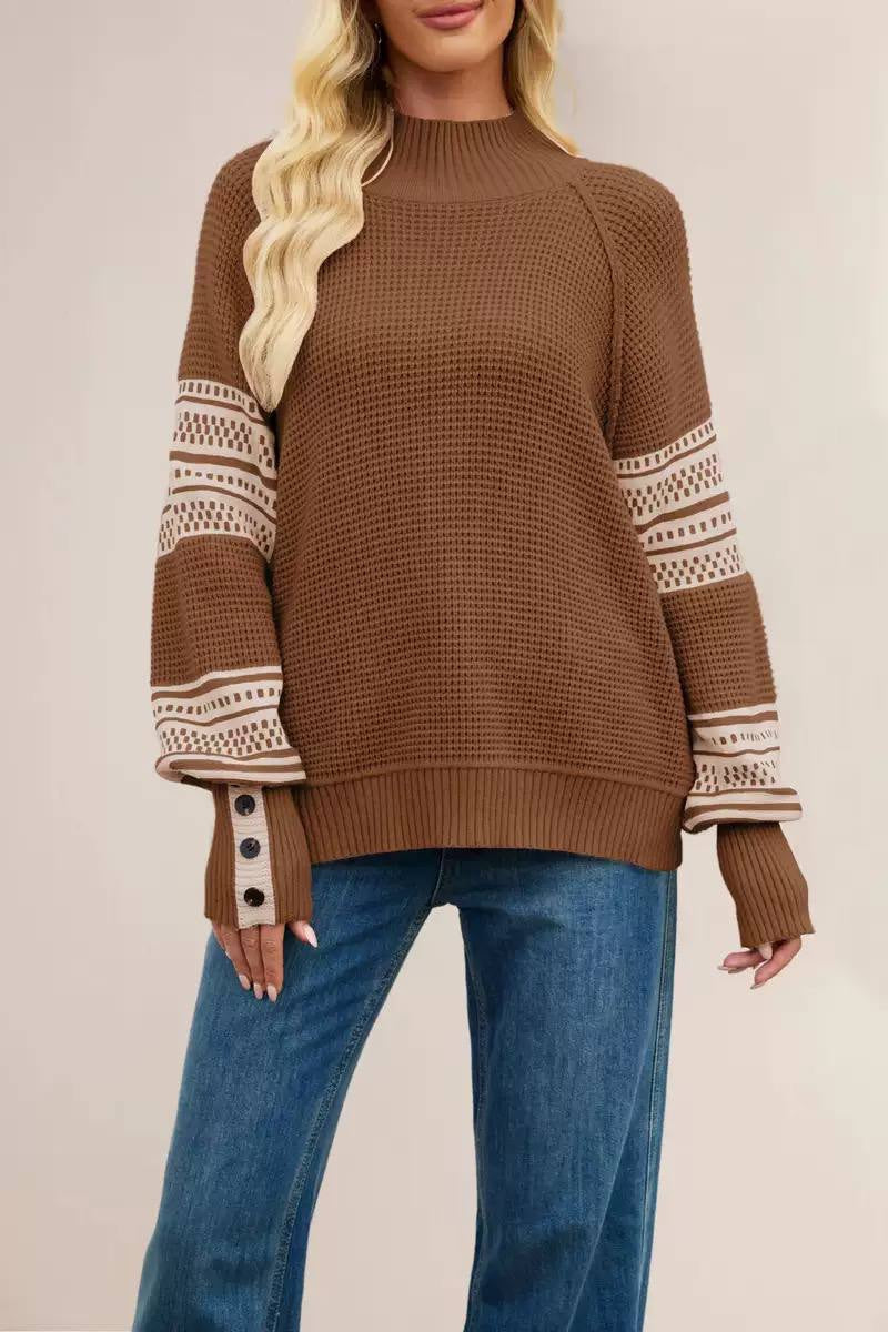 Waffle Knit Sweater With Geometric Sleeves And Button Cuffs – Brown Geometric