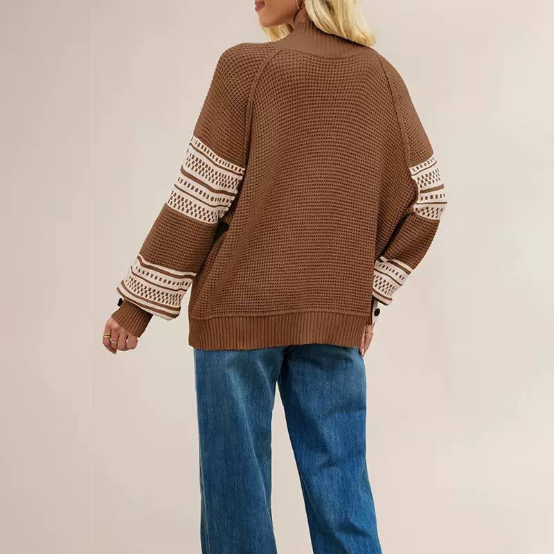 Waffle Knit Sweater With Geometric Sleeves And Button Cuffs – Brown Geometric