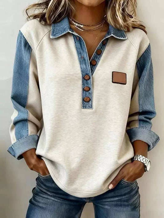 Colorblock Long Sleeve Top With Button Placket – Cream And Blue