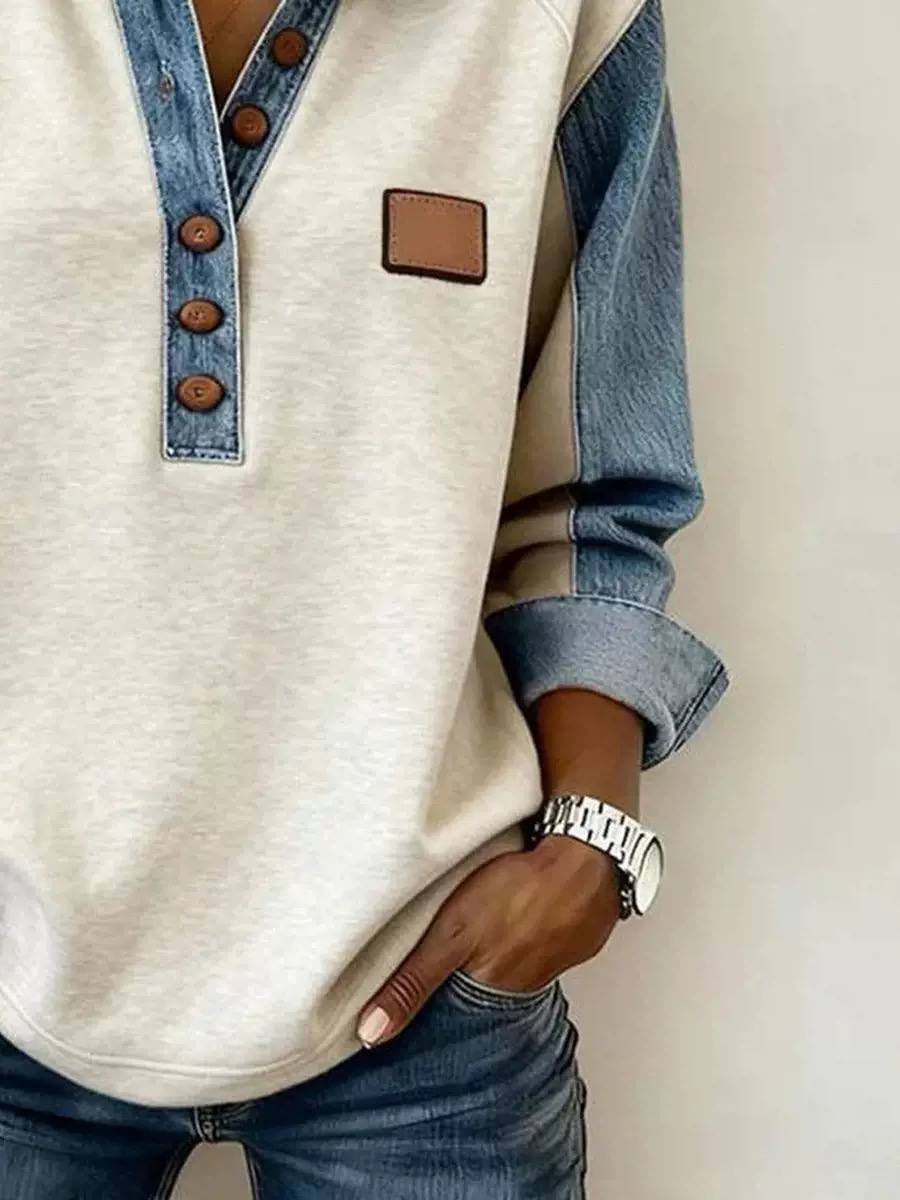Colorblock Long Sleeve Top With Button Placket – Cream And Blue