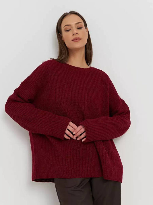 Textured Knit Sweater With Dropped Shoulders And Crew Neck – Burgundy