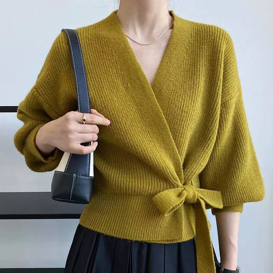 Balloon Sleeve Wrap Cardigan With Ribbing And Side Tie – Olive