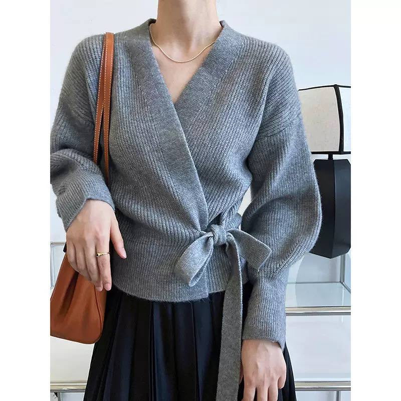Balloon Sleeve Wrap Cardigan With Ribbing And Side Tie – Grey