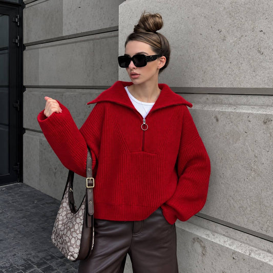 Ring-Pull Zip Sweater With Dropped Shoulders and Wide Collar – Red