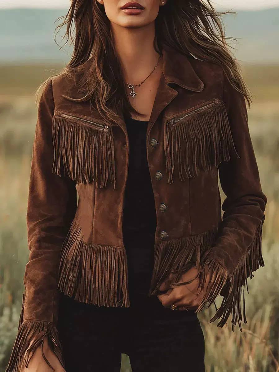 Fringe Trim Jacket With Decorative Buttons And Lapels – Brown