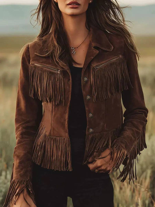 Fringe Trim Jacket With Decorative Buttons And Lapels – Brown