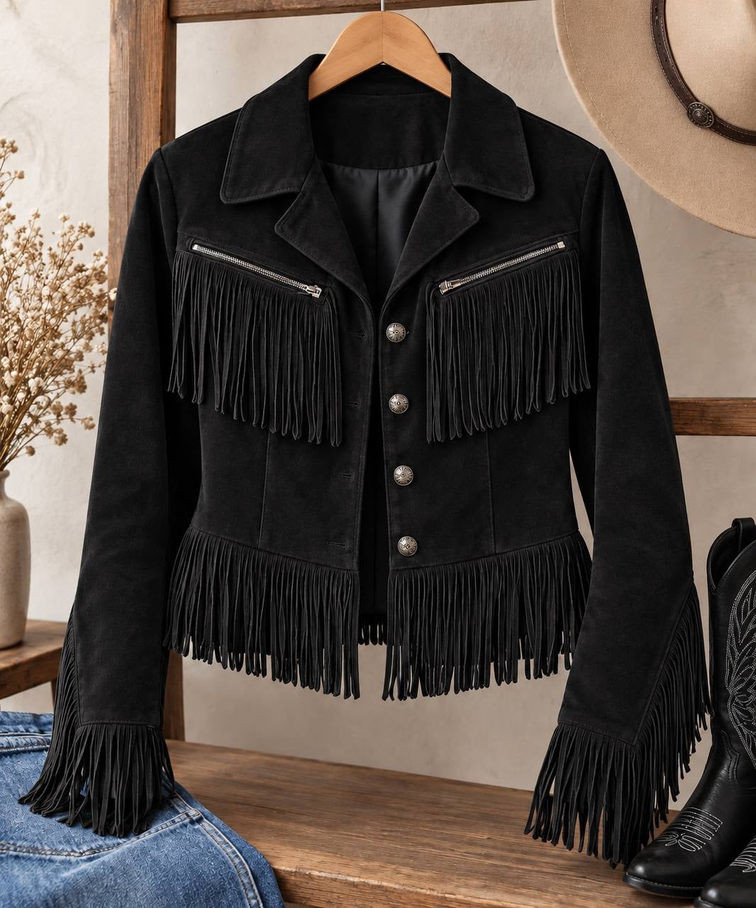 Fringe Trim Jacket With Decorative Buttons And Lapels – Black