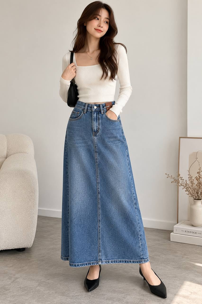 High-Rise Maxi Skirt With Pockets And Belt Loops – Blue