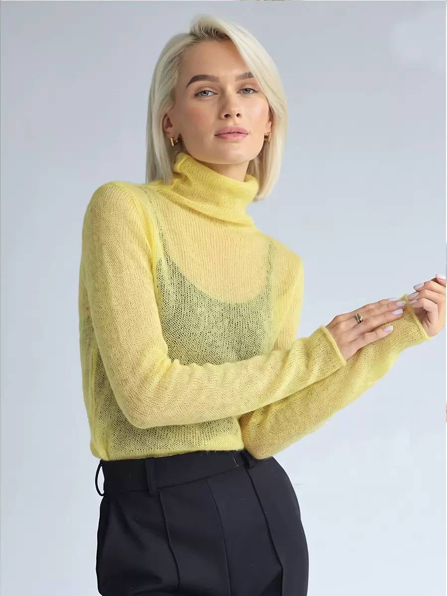 Long Sleeve Sheer Sweater With Draped Turtleneck – Yellow