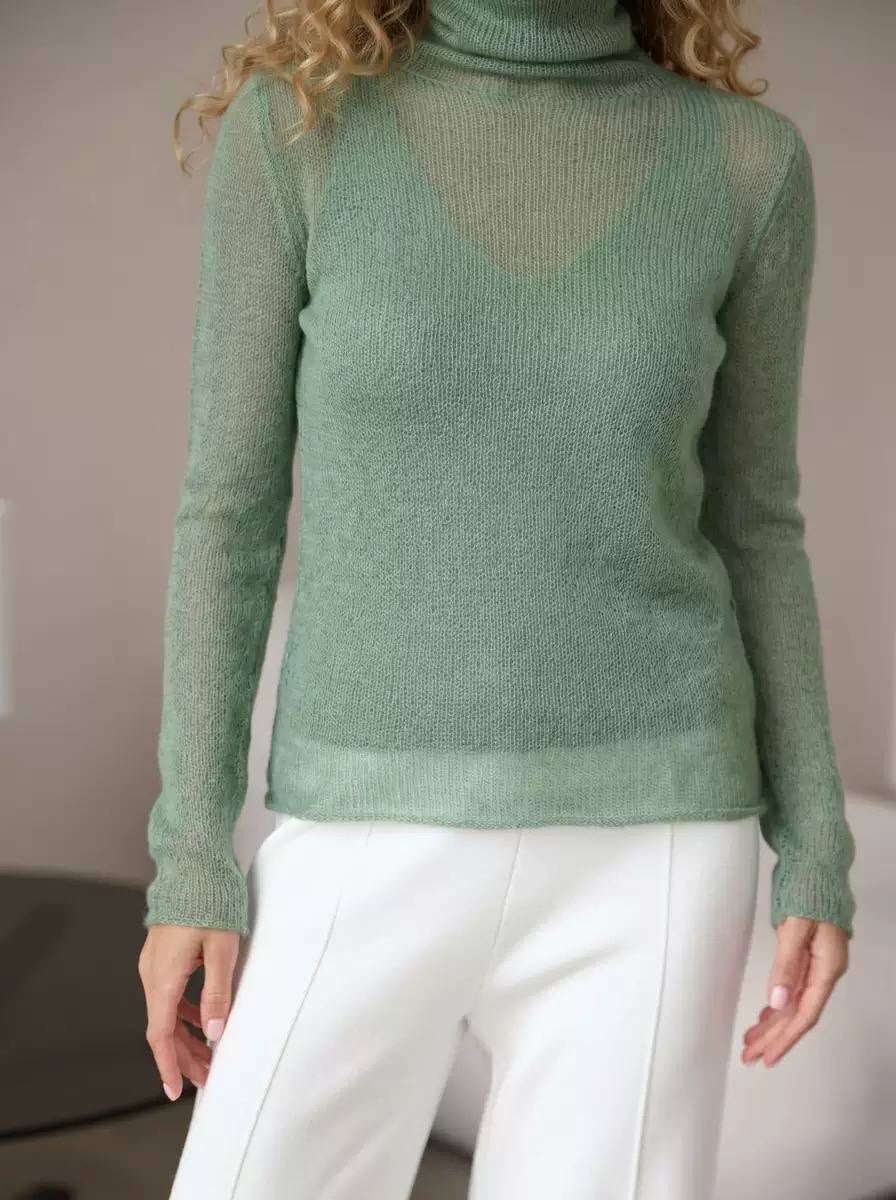Long Sleeve Sheer Sweater With Draped Turtleneck – Sage Green