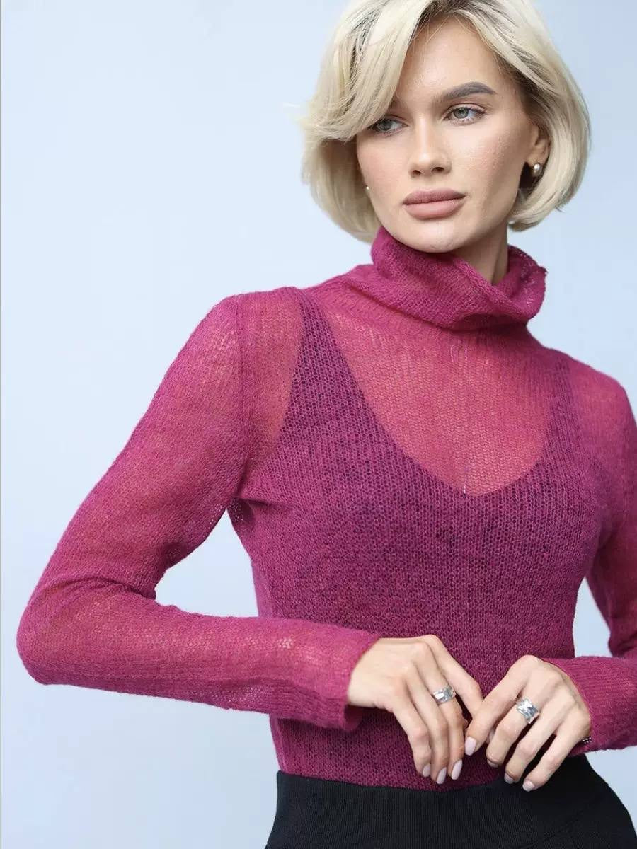 Long Sleeve Sheer Sweater With Draped Turtleneck – Magenta