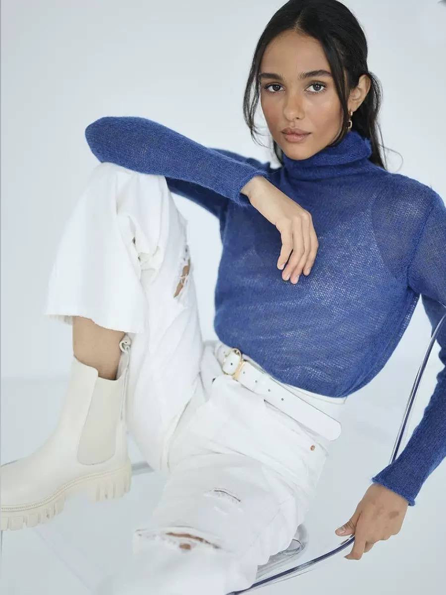 Long Sleeve Sheer Sweater With Draped Turtleneck – Blue