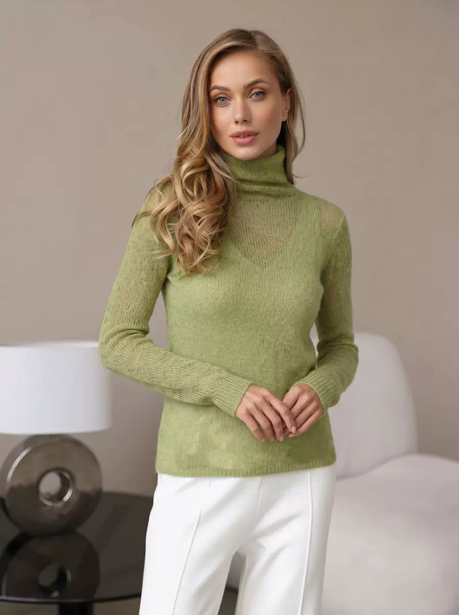 Long Sleeve Sheer Sweater With Draped Turtleneck – Olive Green