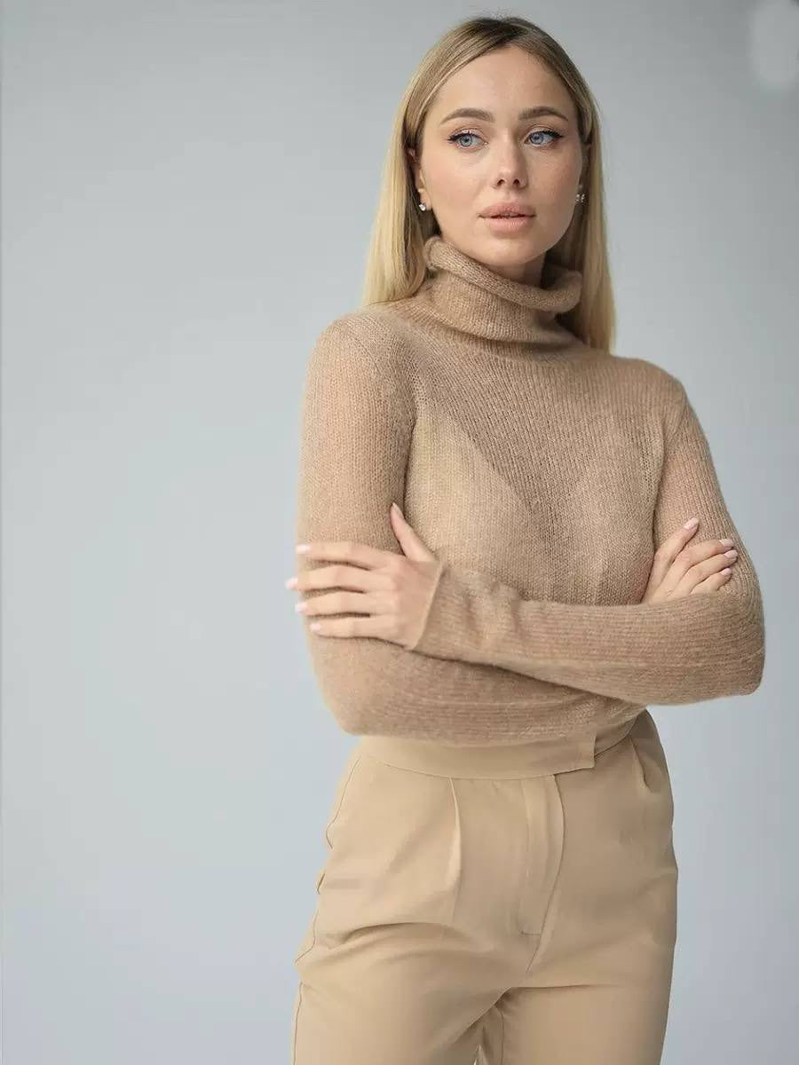 Long Sleeve Sheer Sweater With Draped Turtleneck – Beige