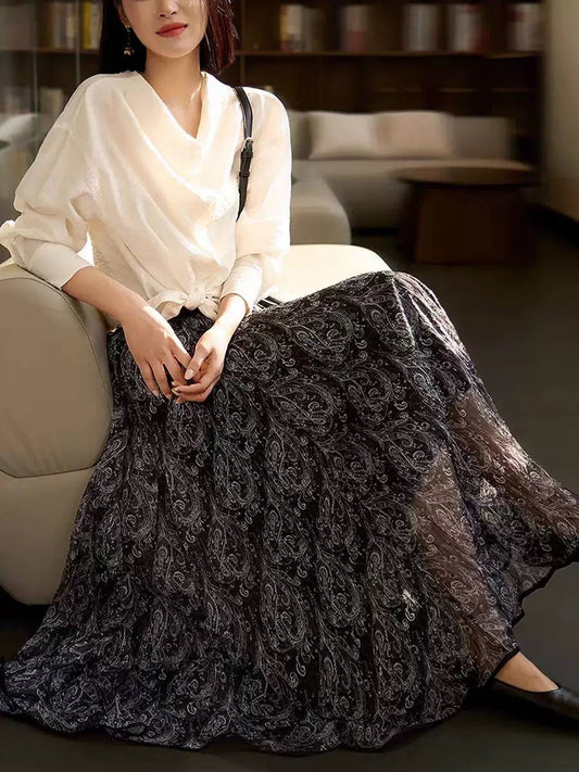 Flowing Paisley Maxi Skirt With Delicate Sheer Border – Black Paisley