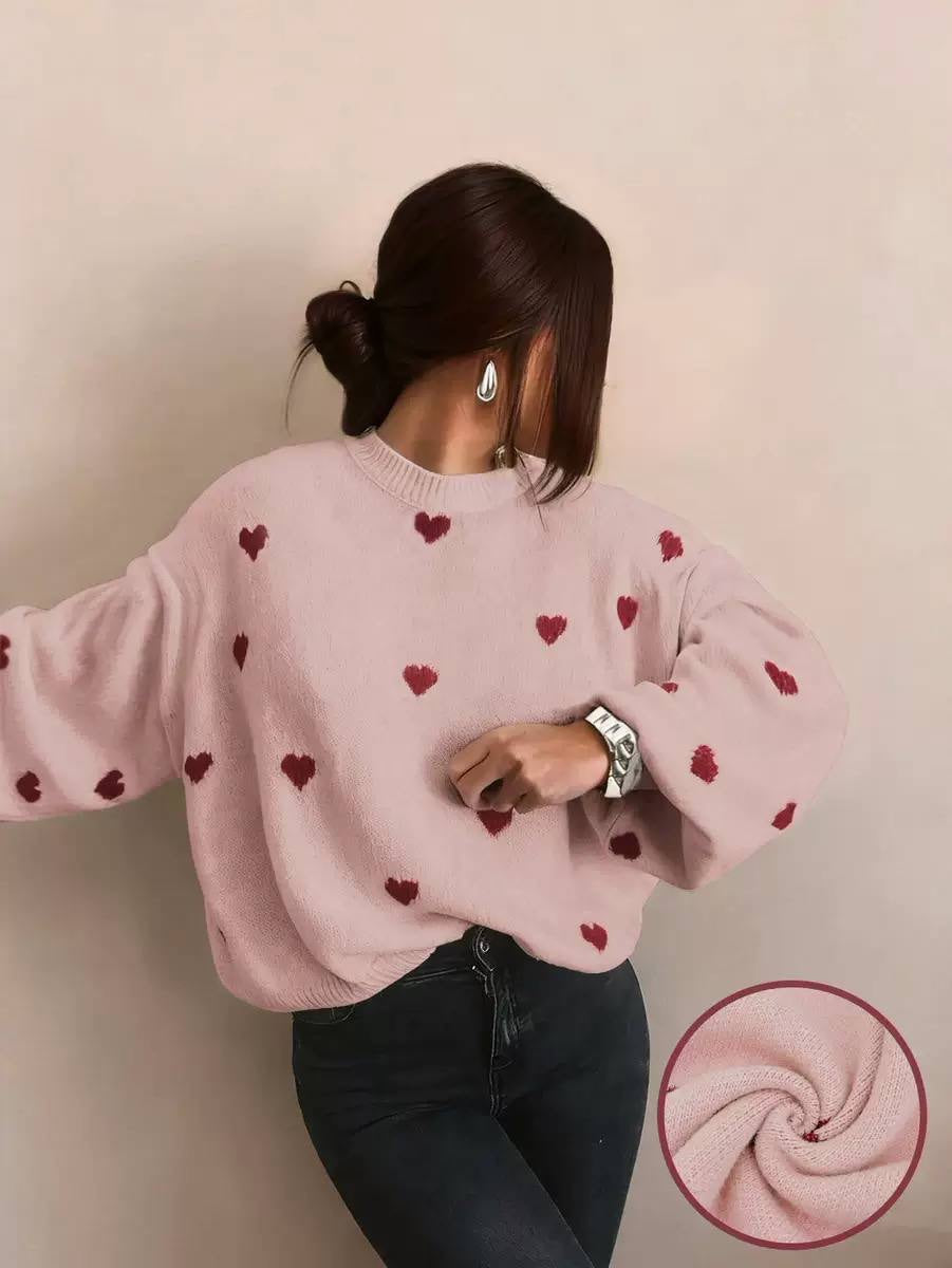 Heart Motif Drop Shoulder Sweater With Ribbed Neckline – Pink Hearts