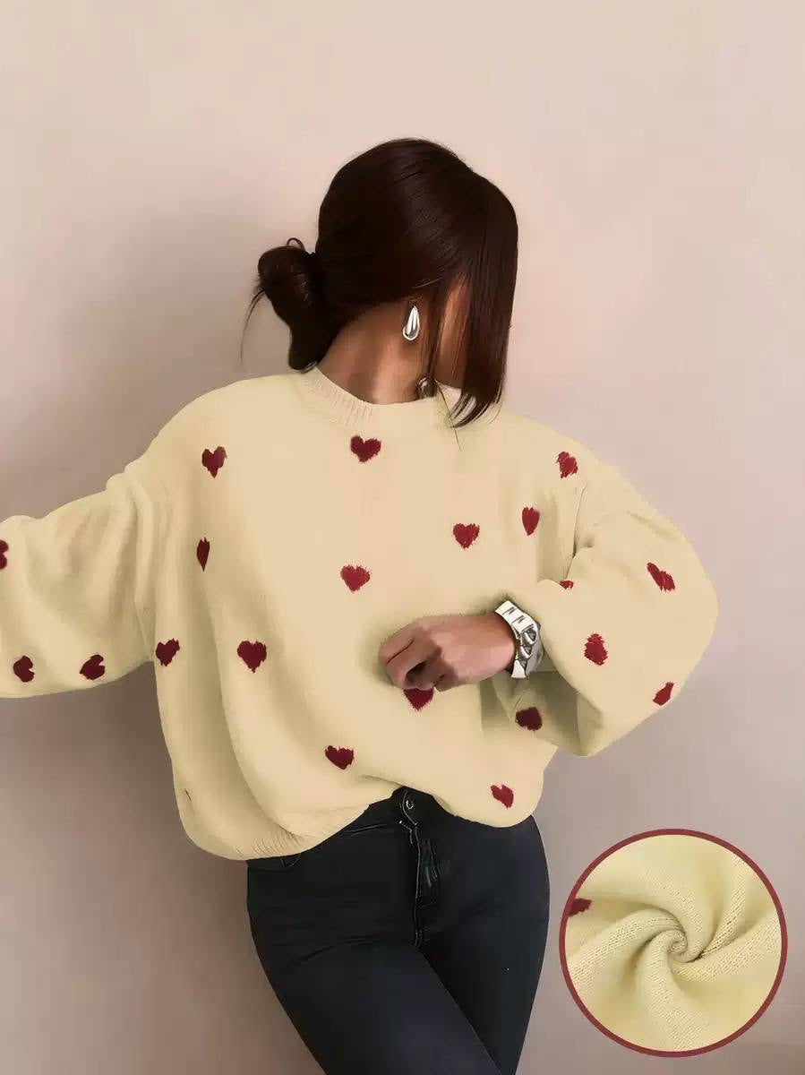 Heart Motif Drop Shoulder Sweater With Ribbed Neckline – Yellow Hearts