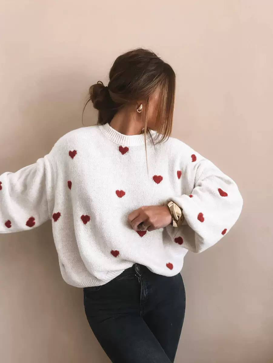 Heart Motif Drop Shoulder Sweater With Ribbed Neckline – White With Red Hearts
