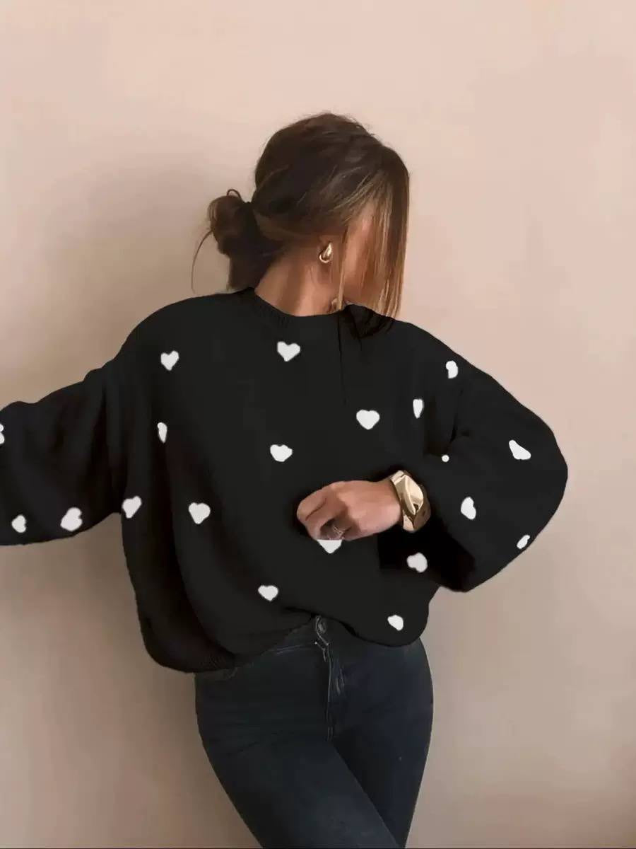 Heart Motif Drop Shoulder Sweater With Ribbed Neckline – Black Hearts