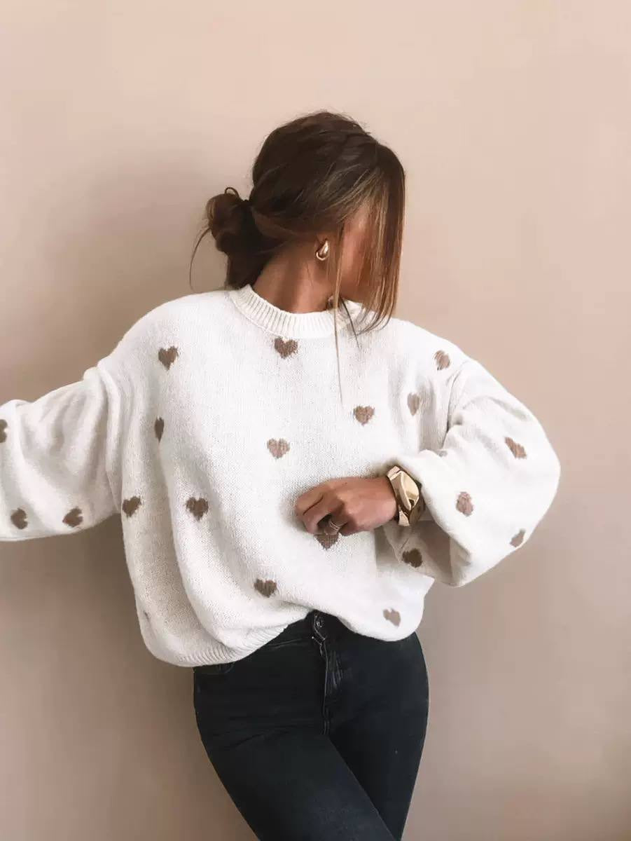 Heart Motif Drop Shoulder Sweater With Ribbed Neckline – White With Taupe Hearts