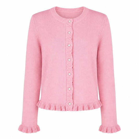 Round Neck Cardigan With Ruffled Cuffs and Hem – Pink