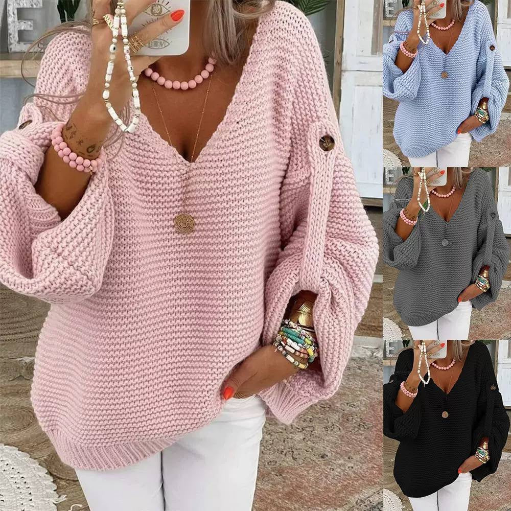 Textured Drop-Shoulder Sweater With V-Neck and Sleeve Buttons