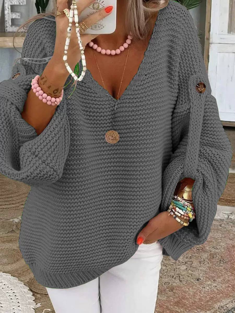 Textured Drop-Shoulder Sweater With V-Neck and Sleeve Buttons – Grey