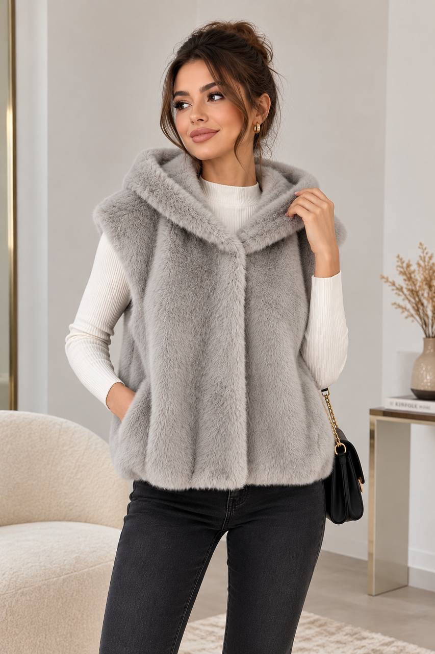 Plush Sleeveless Vest With Generous Hood And Side Pockets