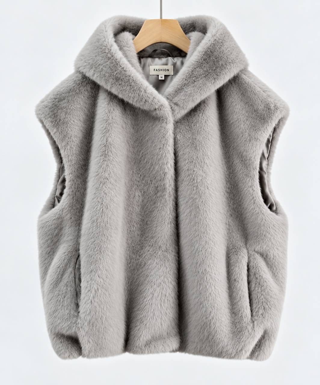 Plush Sleeveless Vest With Generous Hood And Side Pockets – Grey