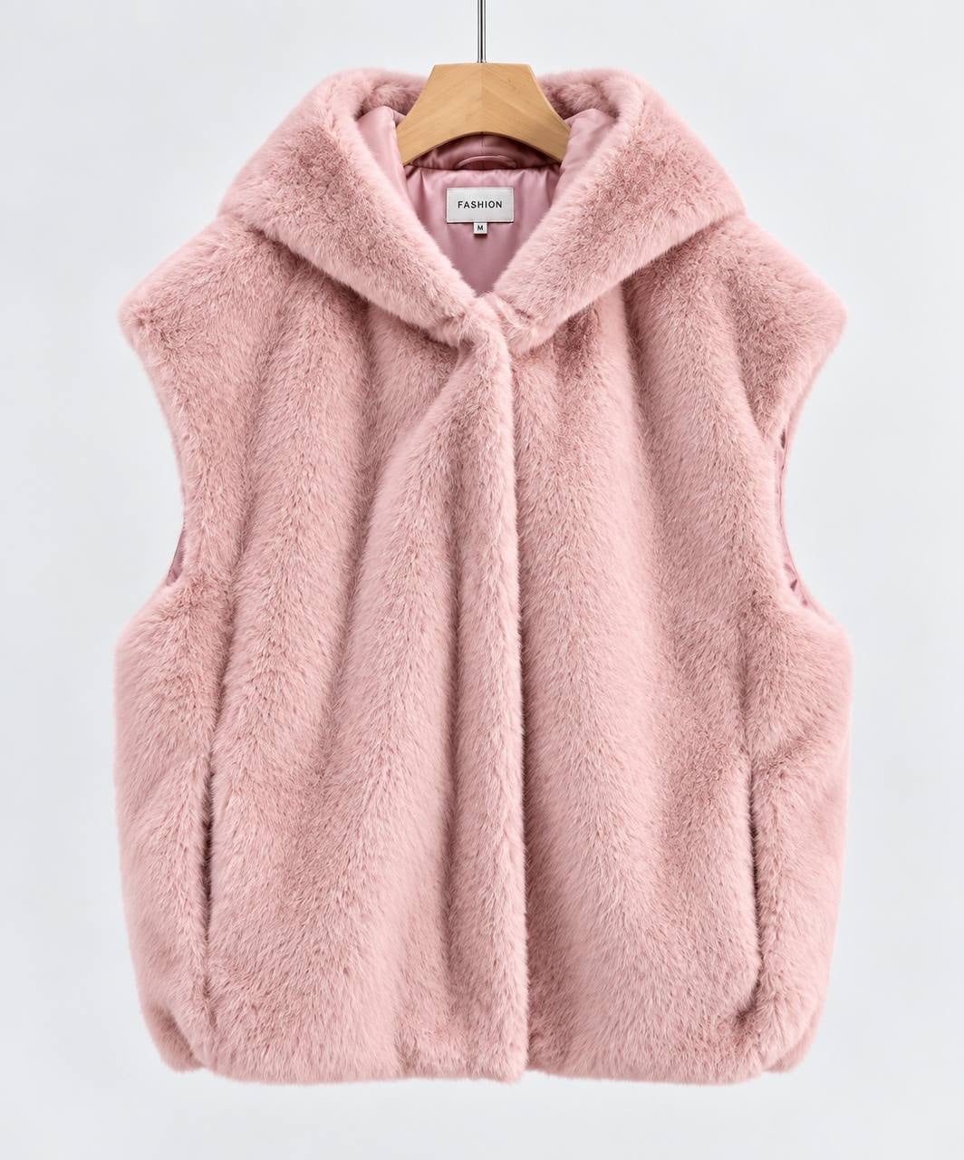 Plush Sleeveless Vest With Generous Hood And Side Pockets – Pink