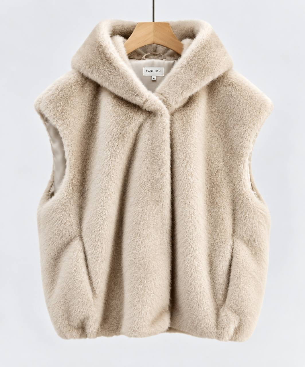 Plush Sleeveless Vest With Generous Hood And Side Pockets – Beige