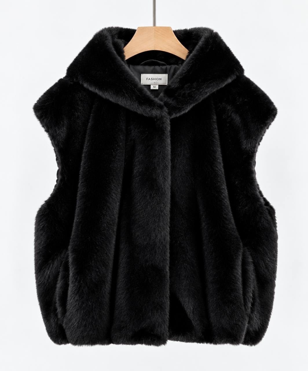 Plush Sleeveless Vest With Generous Hood And Side Pockets – Black