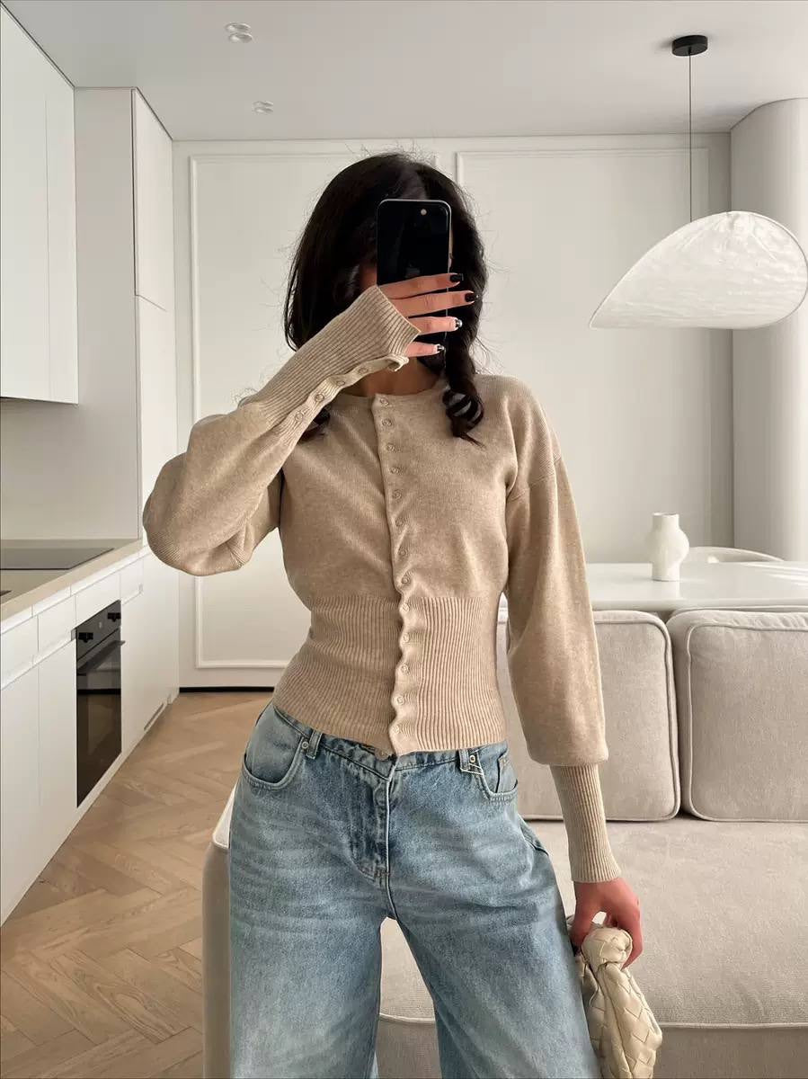 Fitted Cardigan With Long Ribbed Snap Cuffs – Beige
