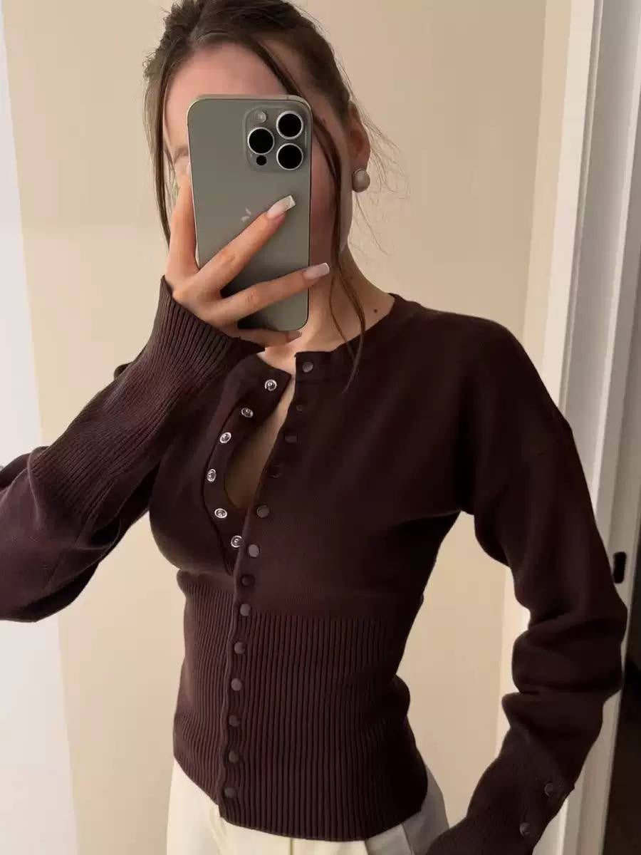 Fitted Cardigan With Long Ribbed Snap Cuffs – Dark Brown