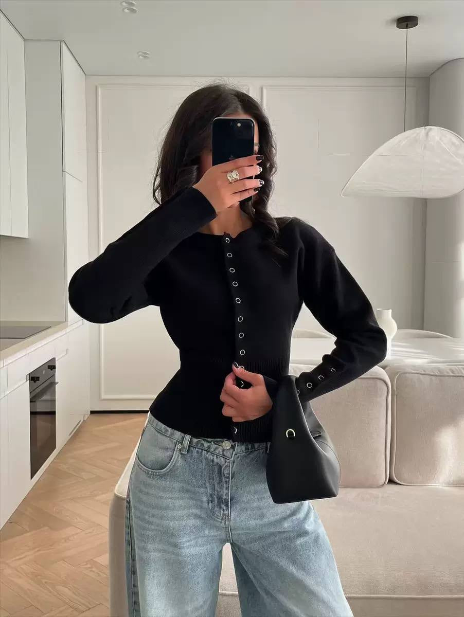 Fitted Cardigan With Long Ribbed Snap Cuffs – Black