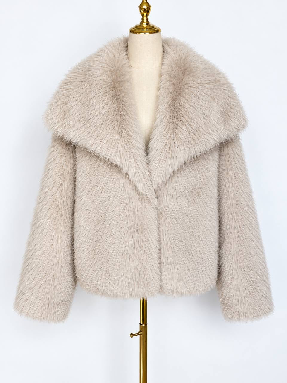 Relaxed Long Sleeve Jacket With Wide Foldover Collar – Beige