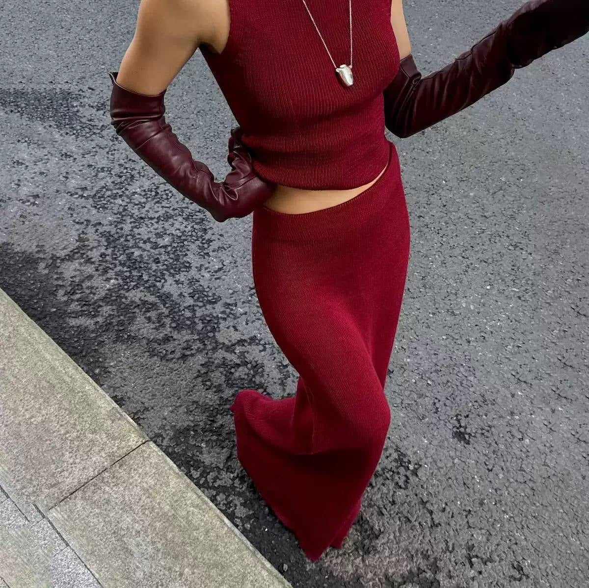 Textured High-Neck Two-Piece Top and Maxi Skirt Set – Burgundy