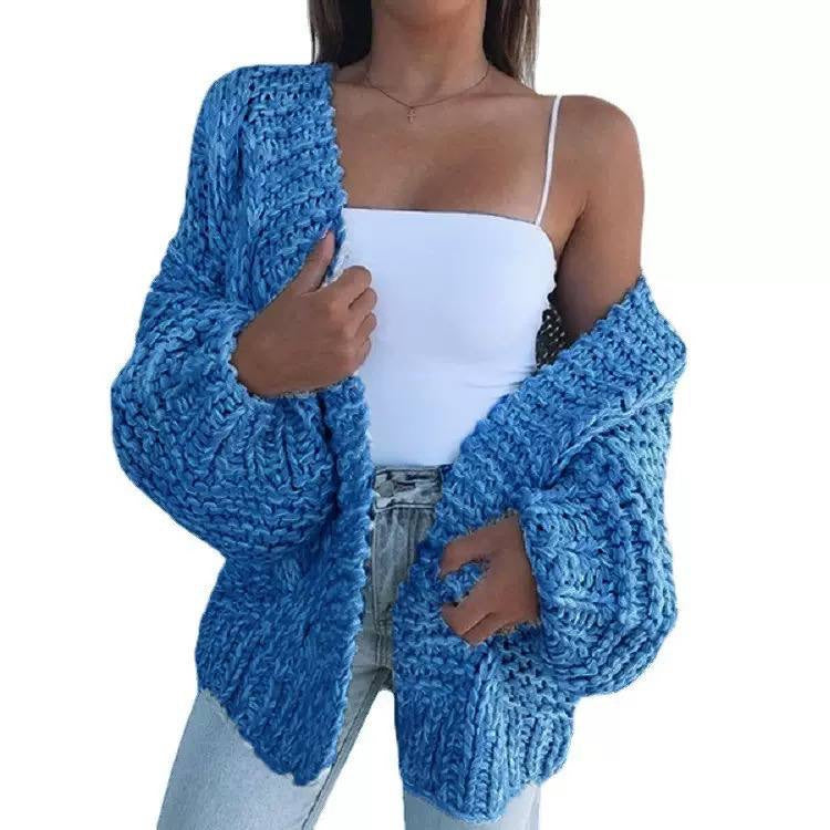 Balloon Sleeve Cardigan With Chunky Knit Ribbed Trim – Blue