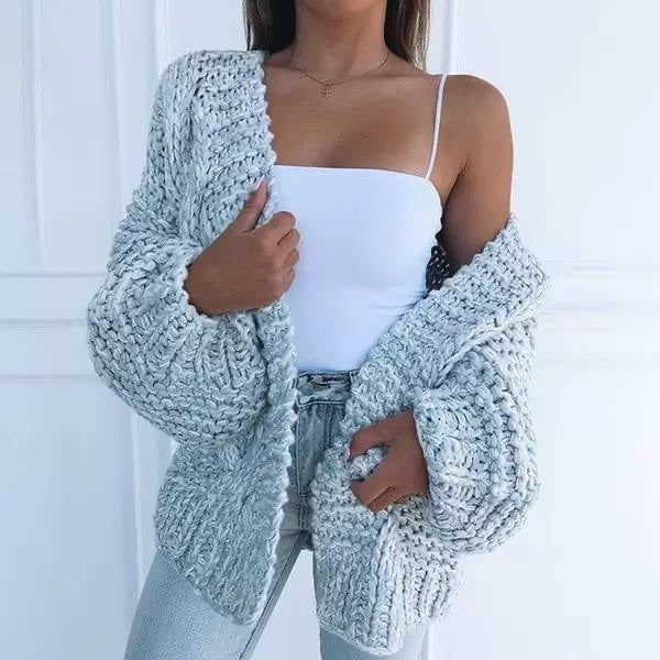 Balloon Sleeve Cardigan With Chunky Knit Ribbed Trim – Light Grey