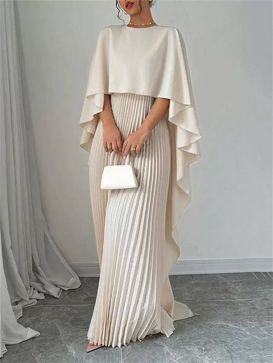 Round Neck Cape Dress With Floor-Length Pleats – Ivory