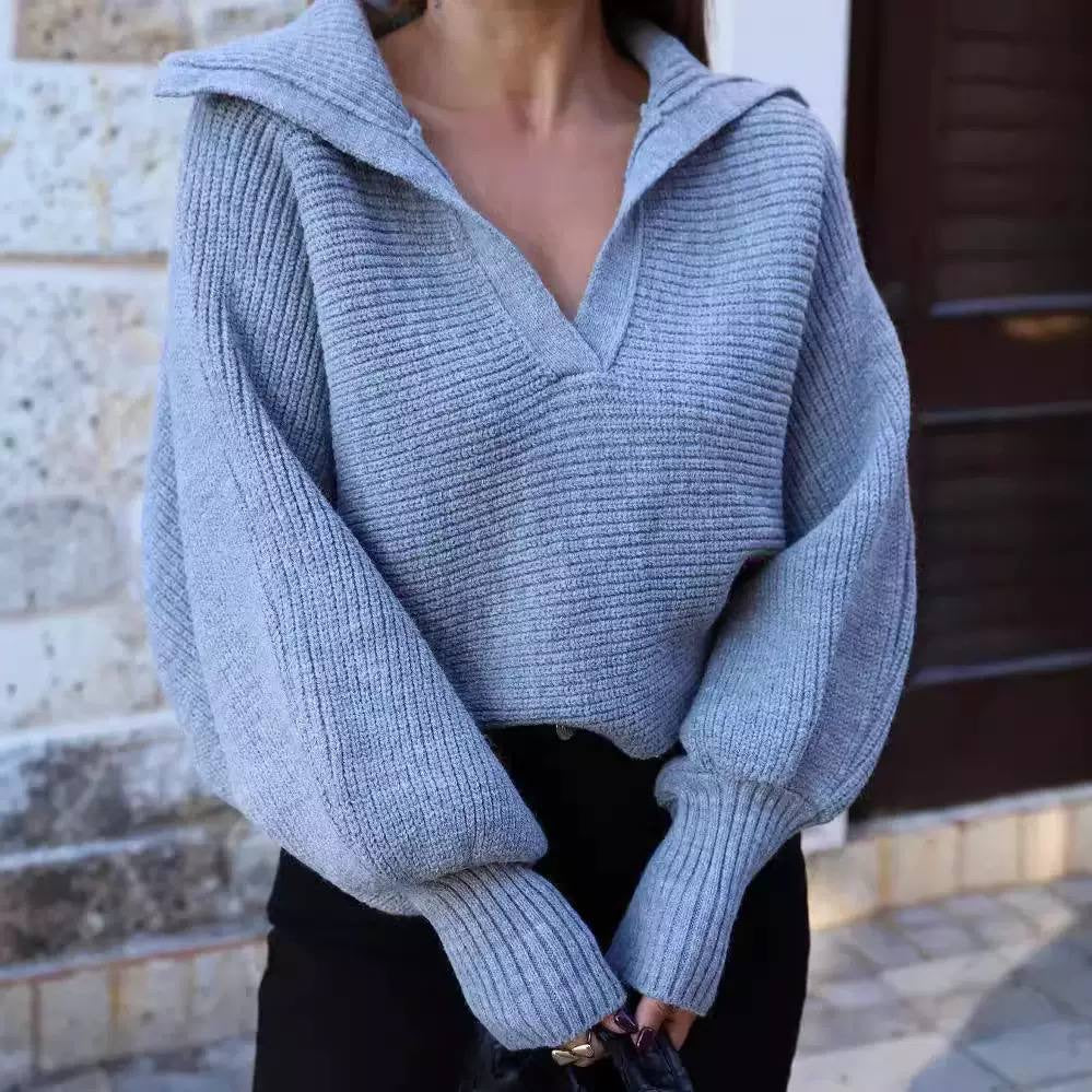 Ribbed V-Neck Sweater With Wide Foldover Collar – Light Blue