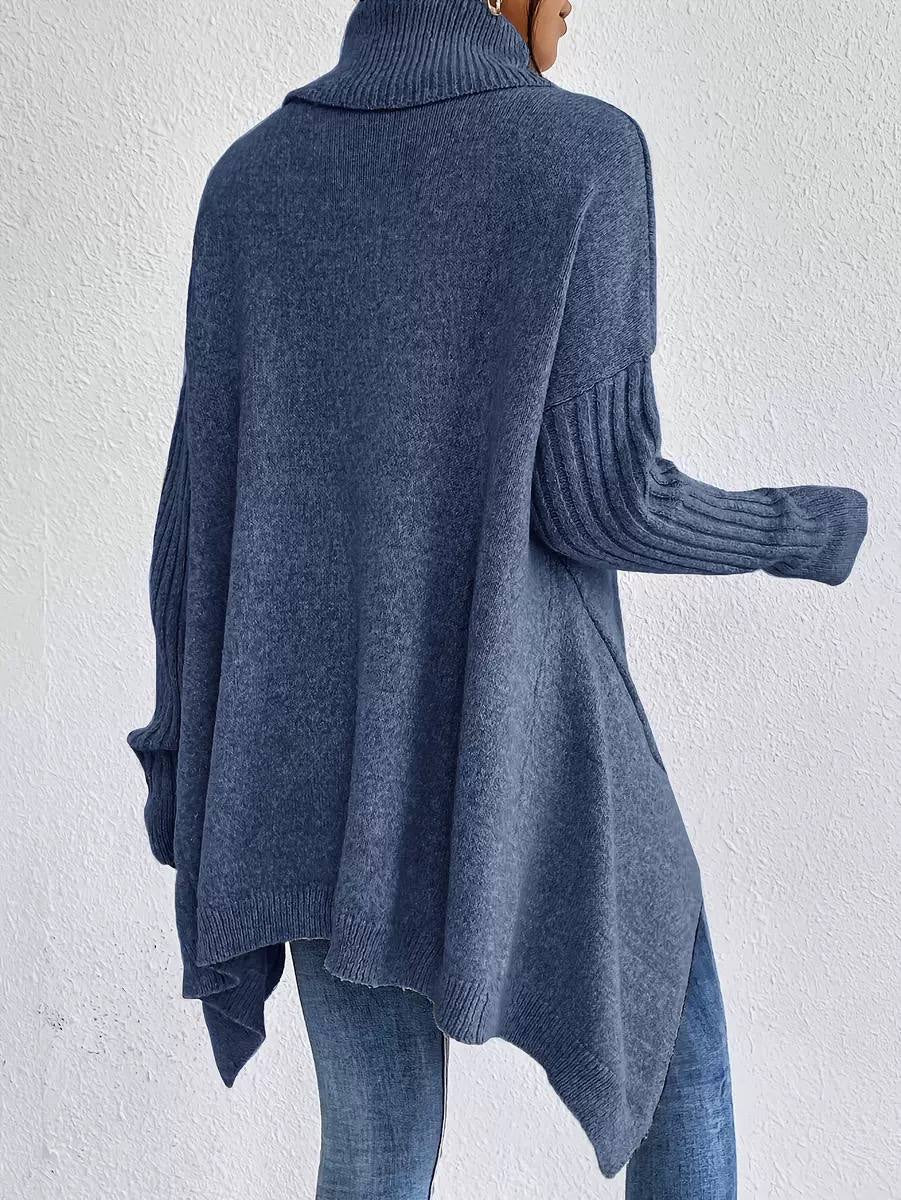Draped Turtleneck Sweater With Dropped Shoulders and Ribbed Sleeves – Blue