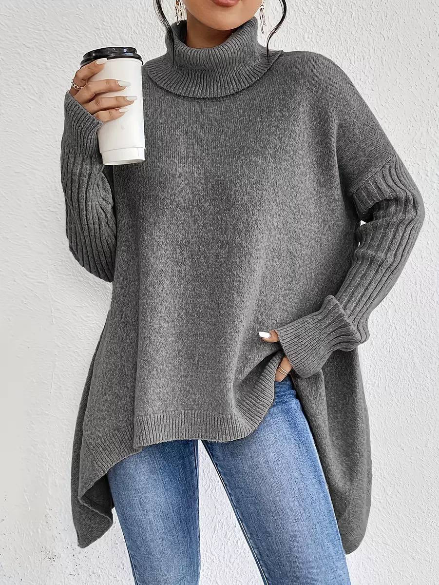 Draped Turtleneck Sweater With Dropped Shoulders and Ribbed Sleeves – Grey