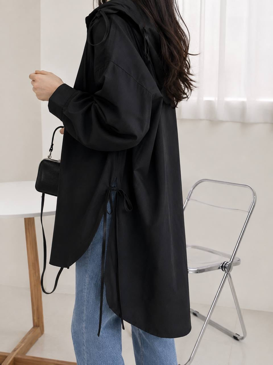 Longline Blouse With Side Ties and Curved High-Low Hem – Black