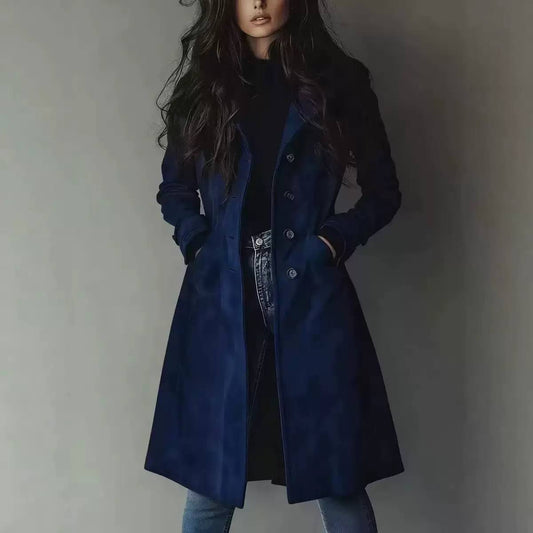 Shaped Long Coat With Button Front and Lapels – Navy
