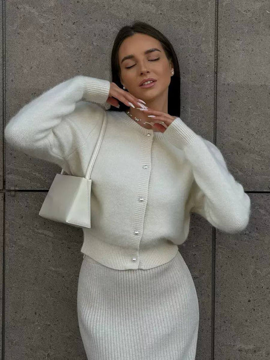 Puff-Shoulder Cardigan With Pearl-Like Buttons And Ribbed Trim – Ivory