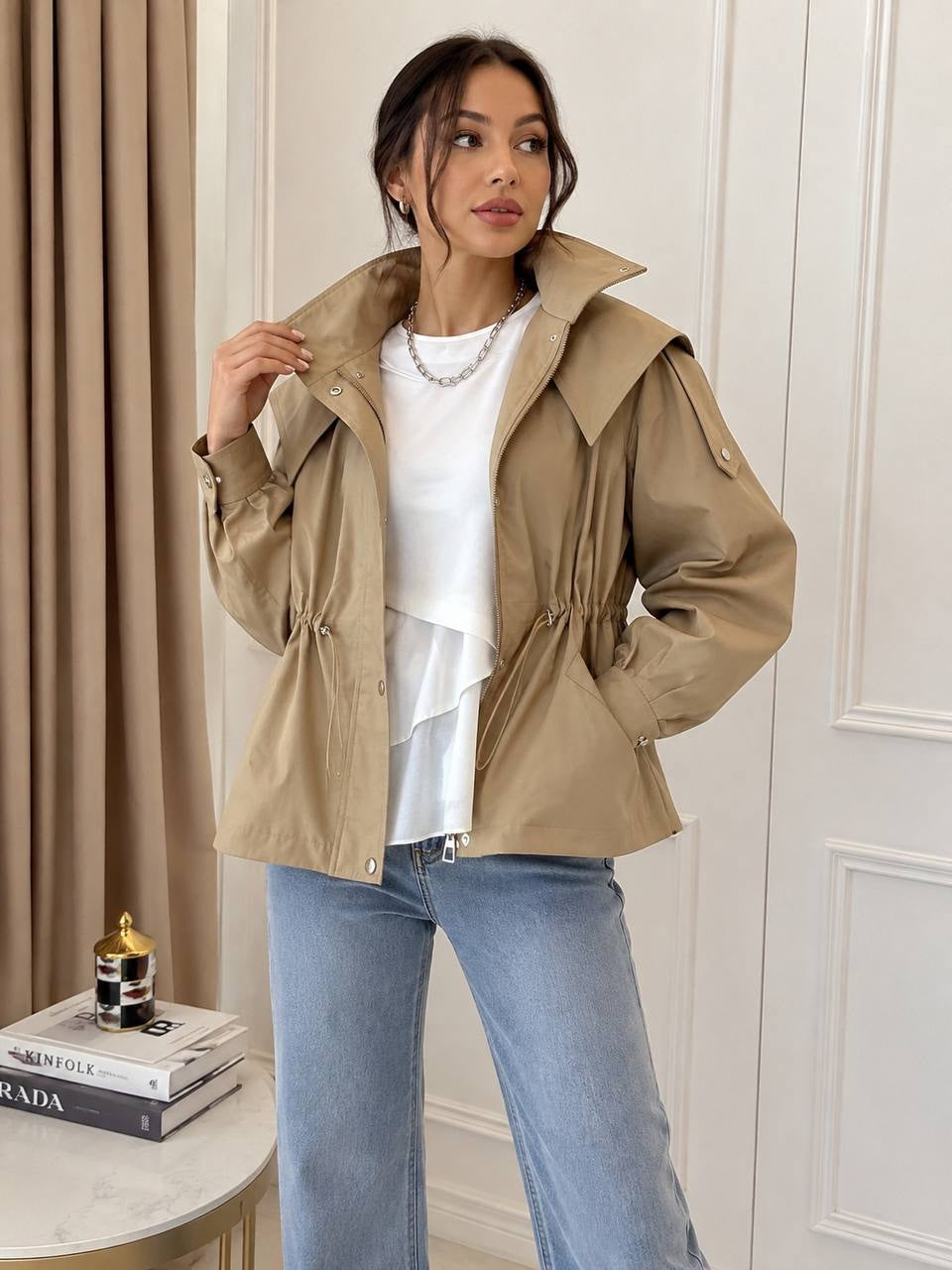 Zip-Front Jacket With Statement Collar and Adjustable Waist – Beige