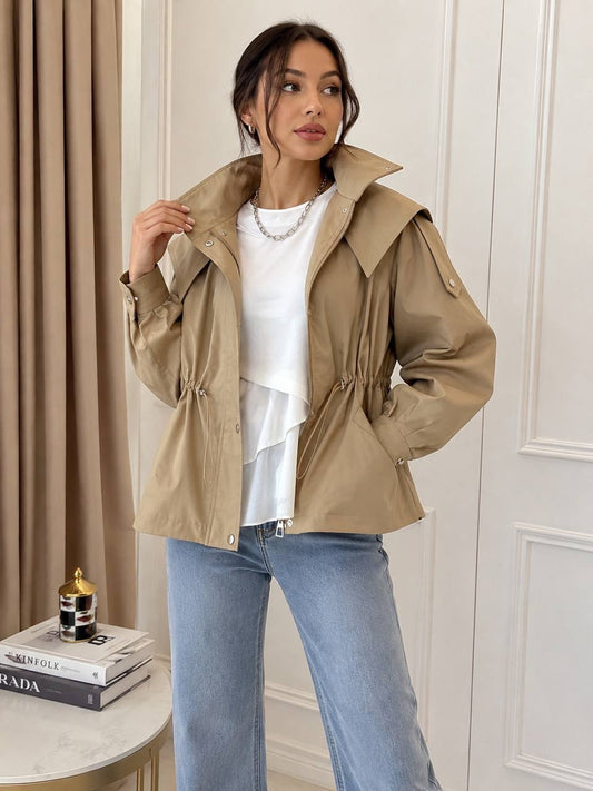 Zip-Front Jacket With Statement Collar and Adjustable Waist – Beige