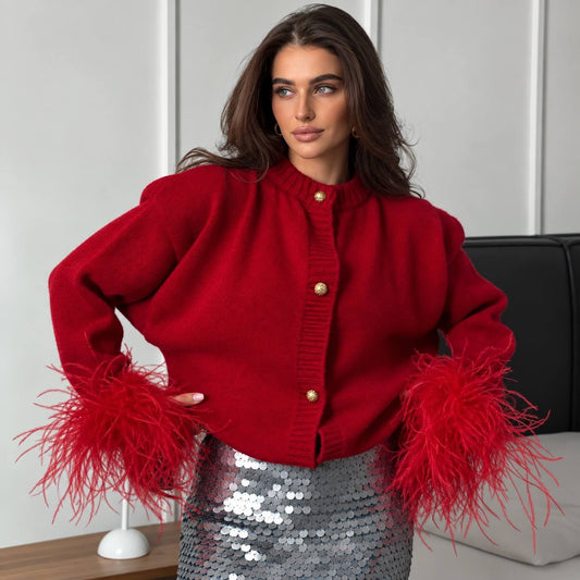 Relaxed Cardigan With Decorative Buttons And Feather-Look Cuffs – Red